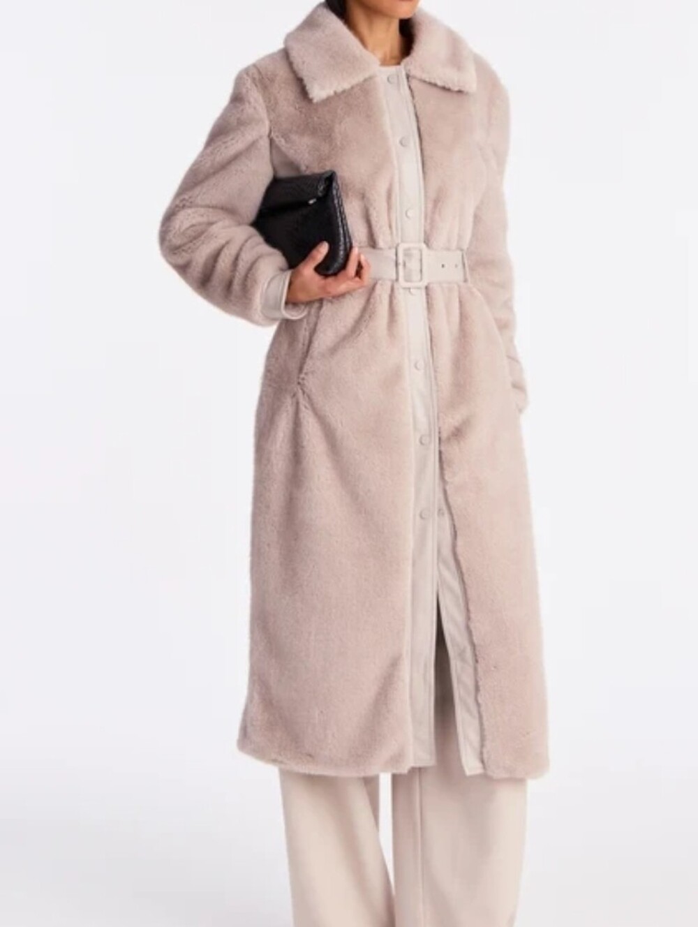 Women's Long Faux-fur Belted Coat - Blush